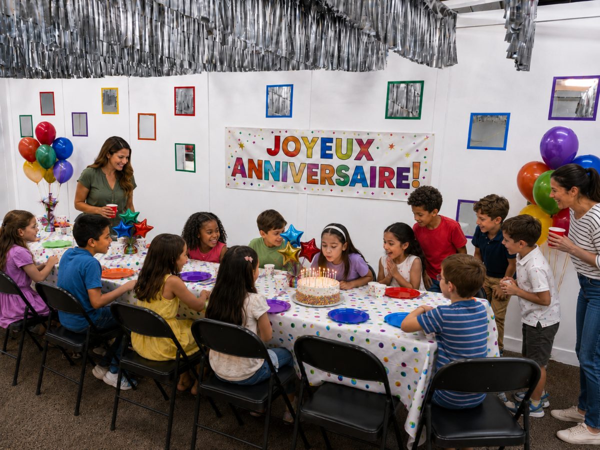Children gathered around a birthday cake in the jeuLumi party room